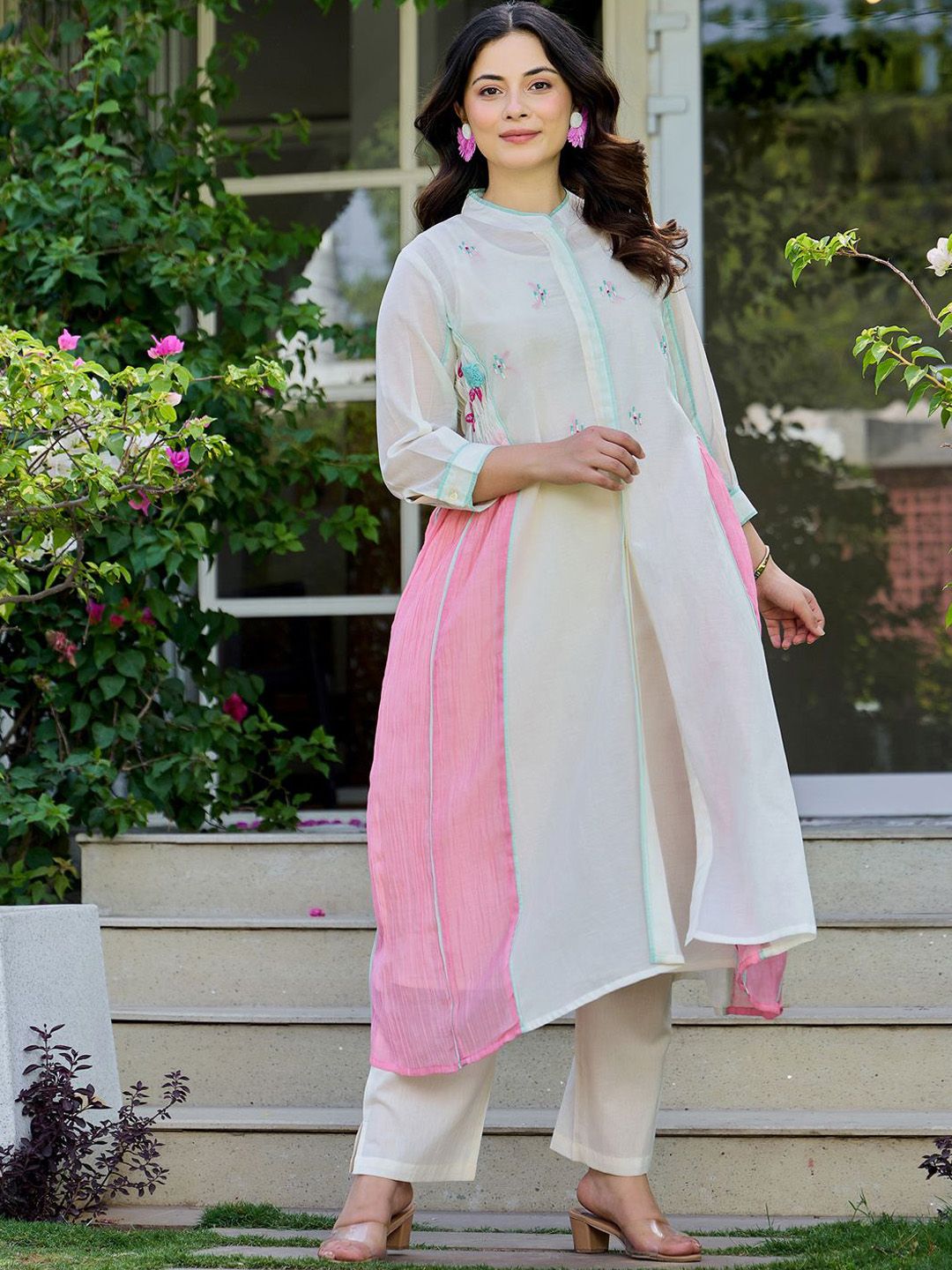 Ethnic Motifs Embroidered Layered Thread Work Pure Cotton Kurta With Trousers