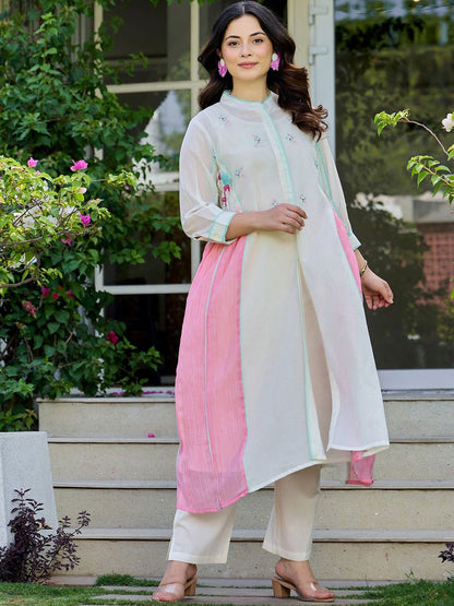 Ethnic Motifs Embroidered Layered Thread Work Pure Cotton Kurta With Trousers