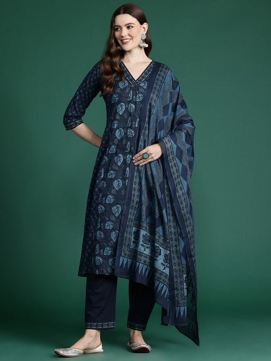 Dhiyona IE Floral Printed Panelled Pure Cotton Kurta with Trousers & With Dupatta