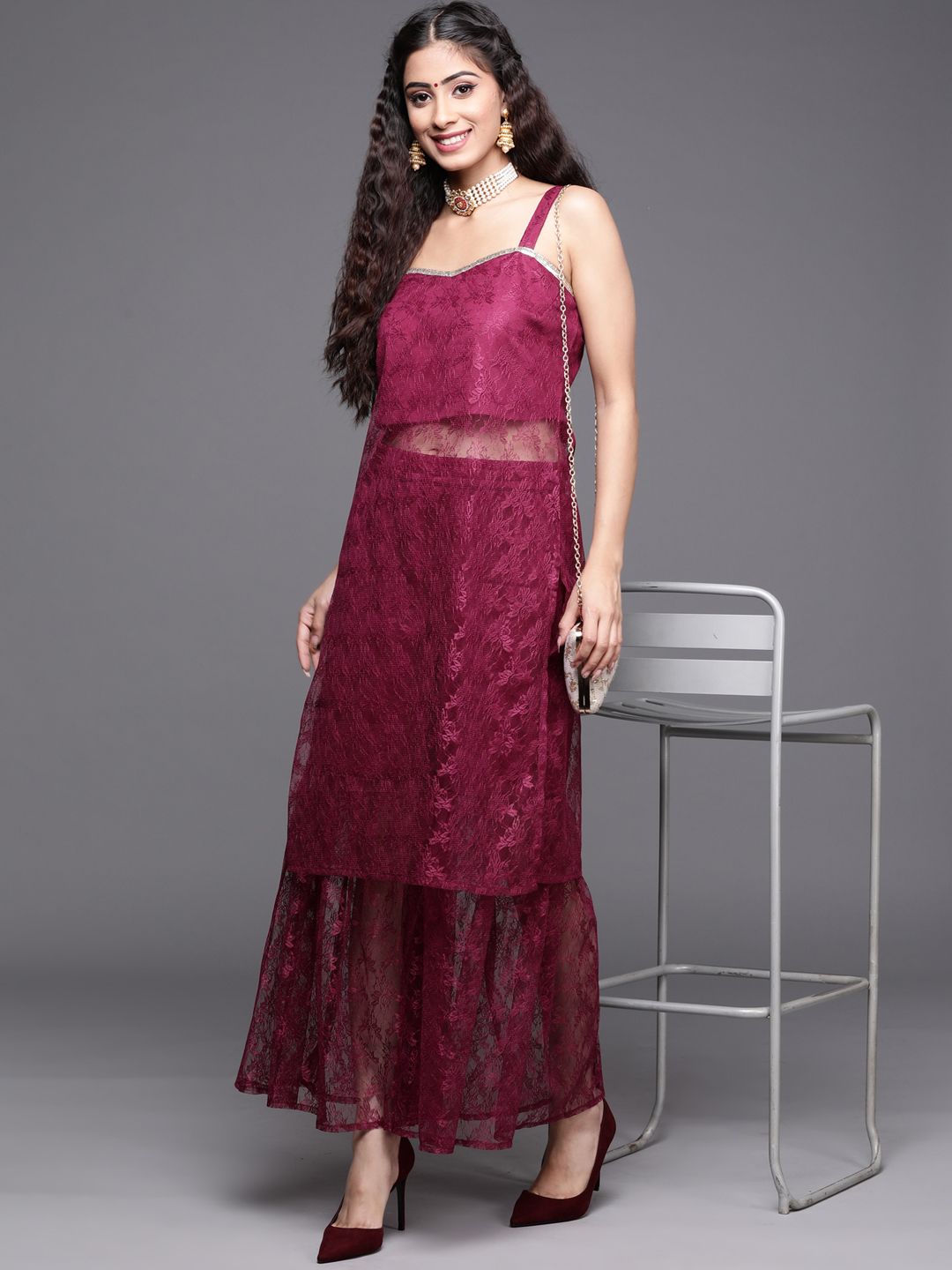 Dhiyona VA Women's Magenta Floral Lace Kurta with Sharara