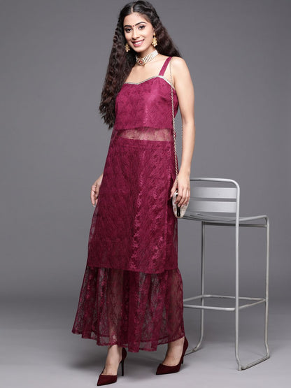 Dhiyona VA Women's Magenta Floral Lace Kurta with Sharara