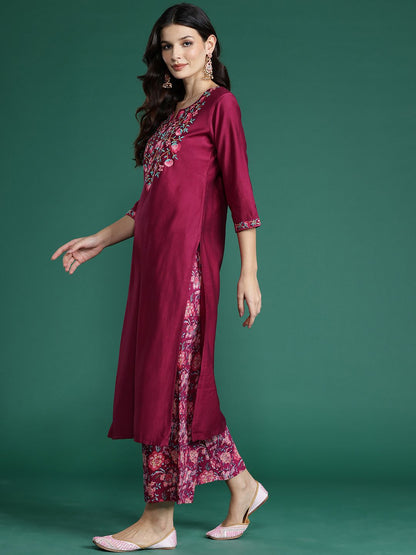Floral Embroidered Thread Work Kurta With Palazzos & Dupatta