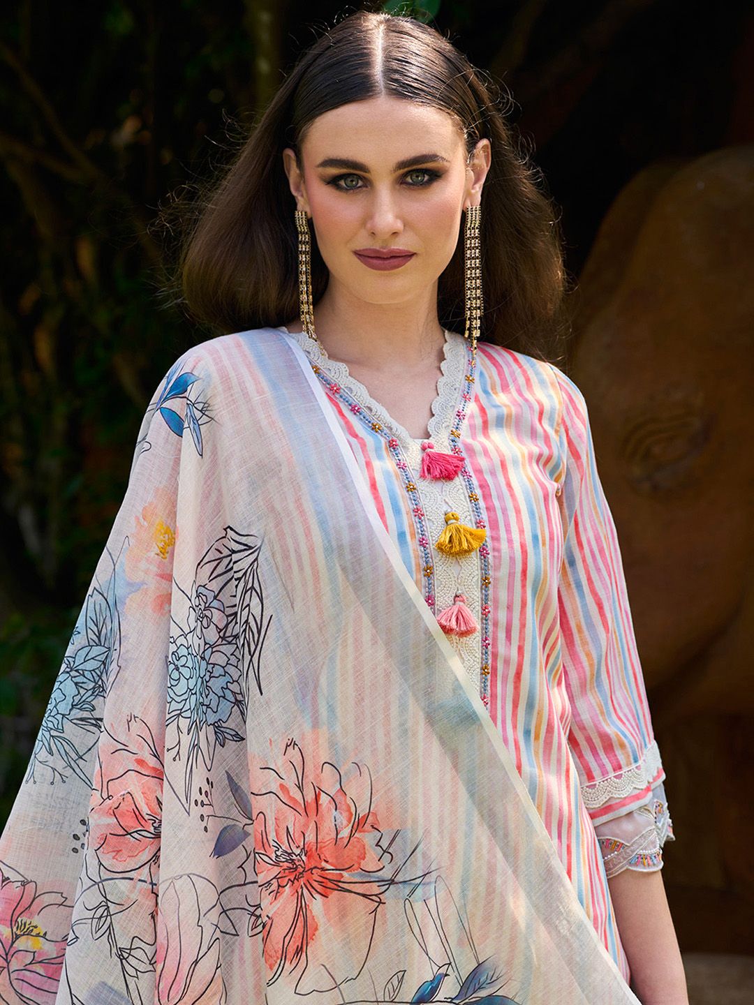 Dhiyona IE White Striped Thread Work Pure Cotton Kurta with Trousers & Dupatta