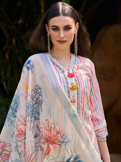 Dhiyona IE White Striped Thread Work Pure Cotton Kurta with Trousers & Dupatta