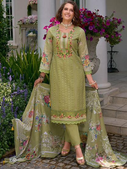 Floral Embroidered Mirror Work Pure Cotton Kurta With Trousers & Dupatta