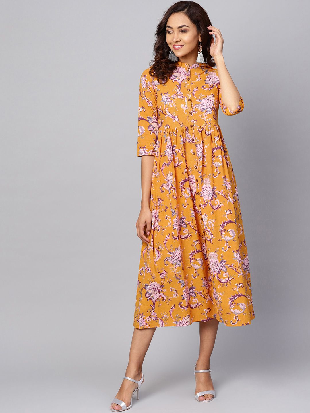 Dhiyona AY Women's Yellow Printed Fit and Flare Dress