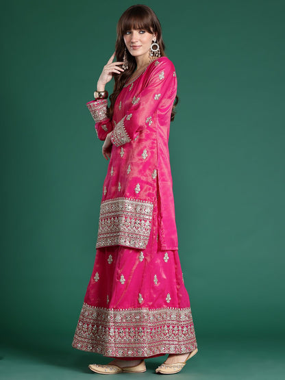 Ethnic Motifs Embroidered Mirror Work Kurta with Palazzos & With Dupatta
