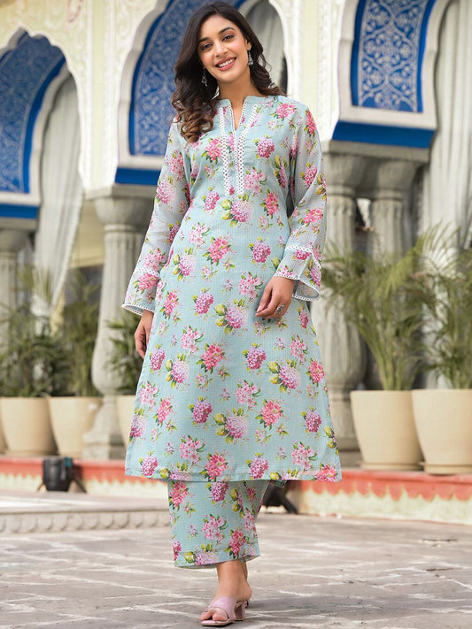 Dhiyona VA Women'sFloral Printed Long sleeves Calf Length Straight Kurta With Trouser