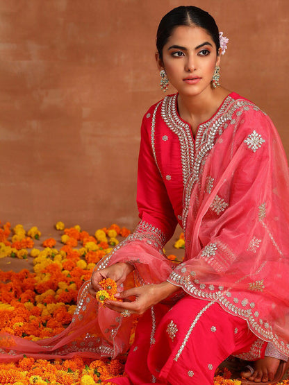 Ethnic Motifs Embroidered Regular Thread Work Kurta With Trousers & With Dupatta