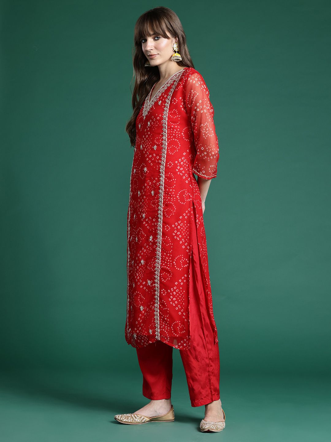 Dhiyona IE Bandhani Printed Zari Panelled Kurta With Trousers & Dupatta
