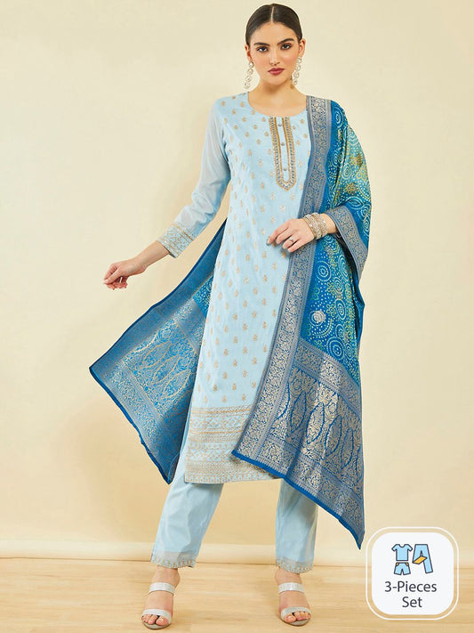 Dhiyona SO Women's Ethnic Motifs Embroidered Sequinned Chanderi Silk Kurta With Trousers & Dupatta