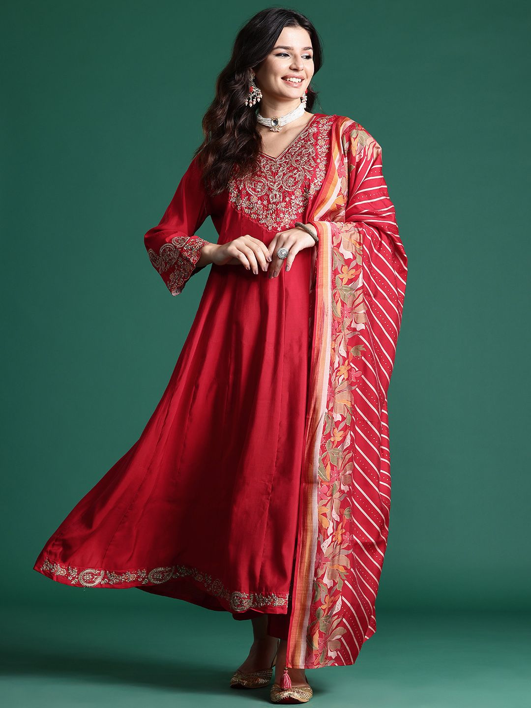 Dhiyona IE Floral Embroidered Sequinned Kurta With Trousers & Dupatta