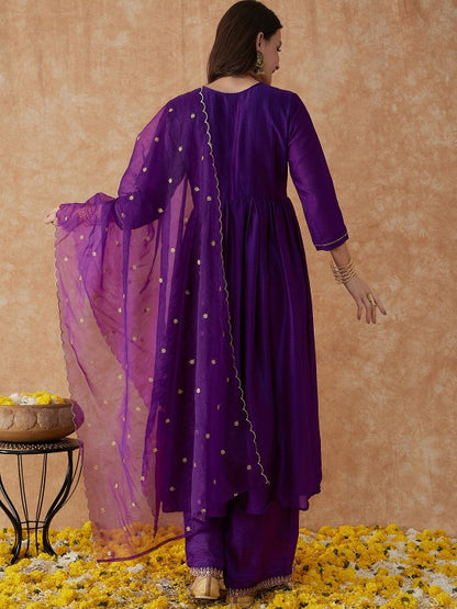 Women's Ethnic Motifs Embroidered Anarkali Kurta With Palazzo & Dupatta Set