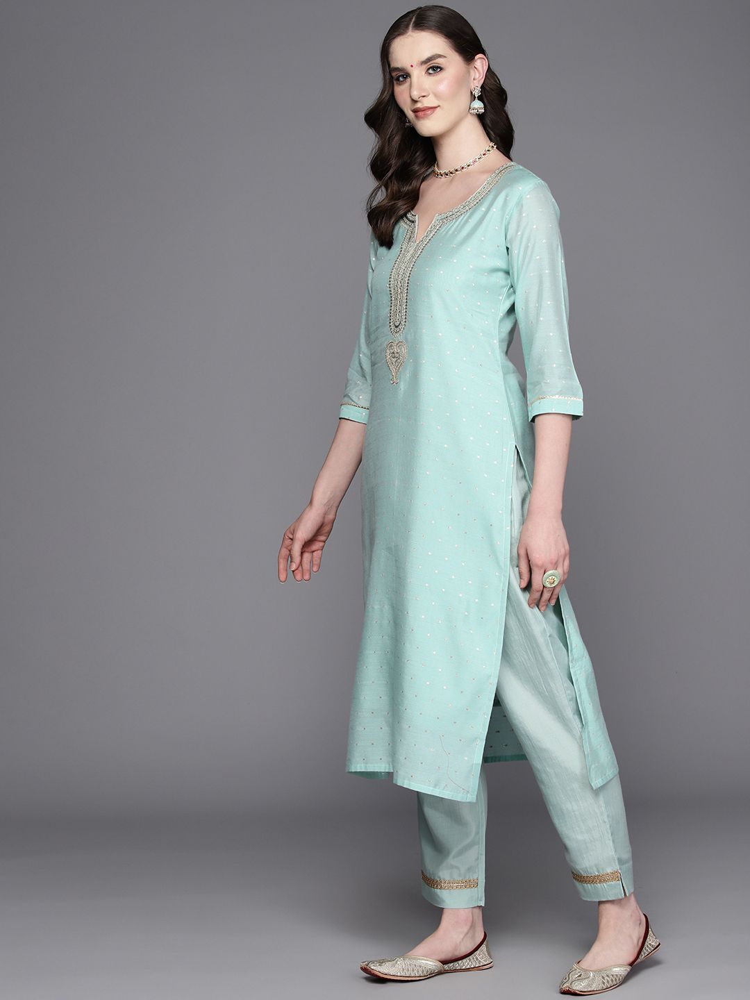 Dhiyona IE Embroidered Regular Sequinned Chanderi Silk Kurta with Trousers & Dupatta