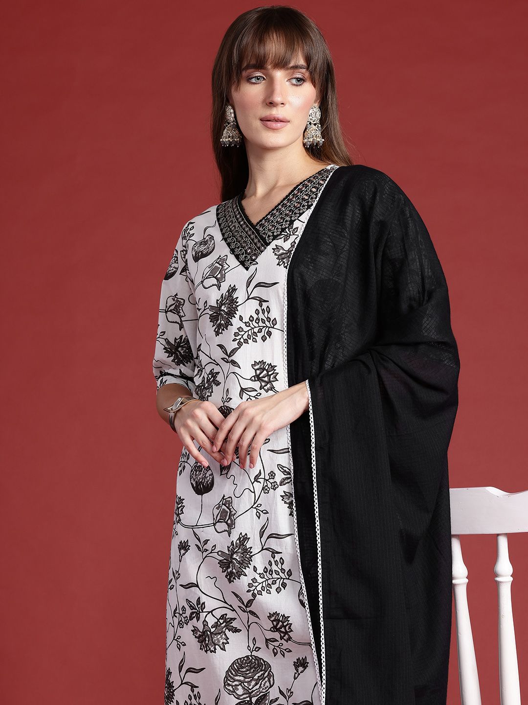 Floral Printed Mirror Work Pure Cotton Kurta With Trousers & Dupatta