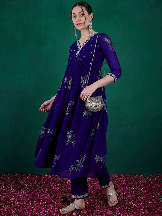Dhiyona SN Women's Floral Printed Embroidered Anarkali Kurta With Trouser