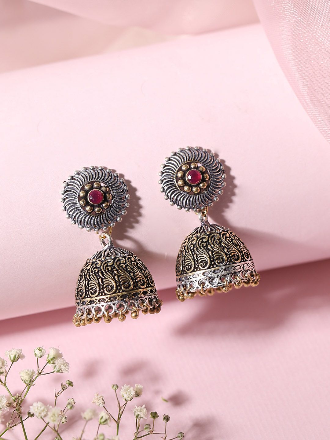 Dhiyona RJ Women's Silver-Plated & Gold-Toned Handcrafted Oxidised Dome Shaped Jhumkas