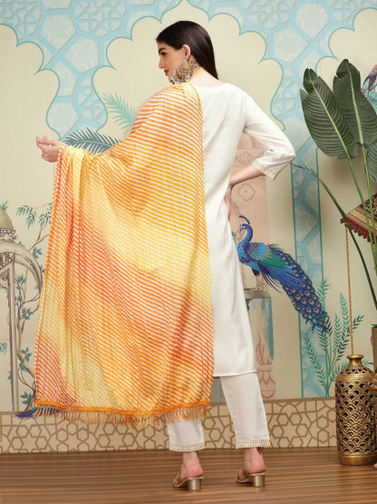 Dhiyona IS Women's Floral Yoke Design Thread Work Silk Chiffon Straight Kurta with Trousers & Dupatta