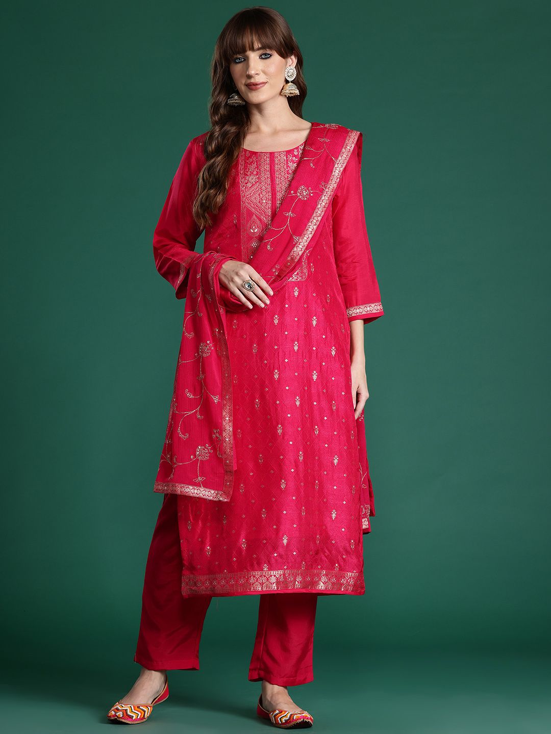 Ethnic Motifs Woven Design Zari Kurta with Trousers & With Dupatta