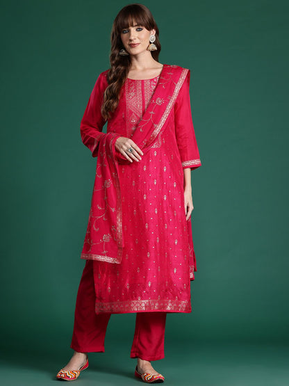 Ethnic Motifs Woven Design Zari Kurta with Trousers & With Dupatta