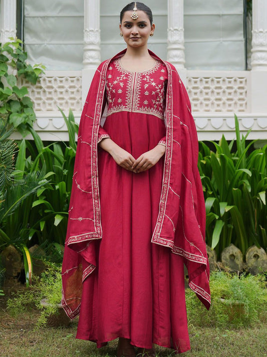 Dhiyona IE Women Ethnic Motifs Embroidered Empire Kurta with Trousers With Dupatta