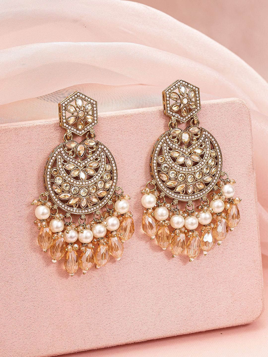 Dhiyona RJ Women's 18K Gold-Plated Chandbali Earrings with Champagne Stones, Pearls & Crystal Beads