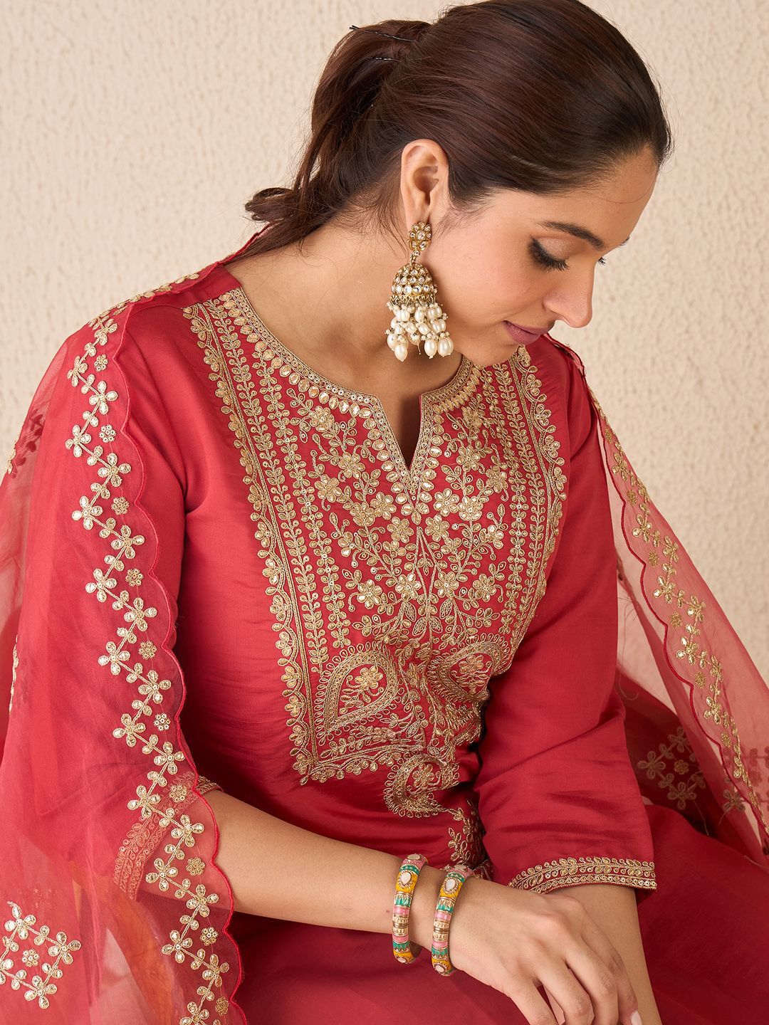 Women Ethnic Motifs Embroidered Regular Gotta Patti Kurta with Trousers & With Dupatta