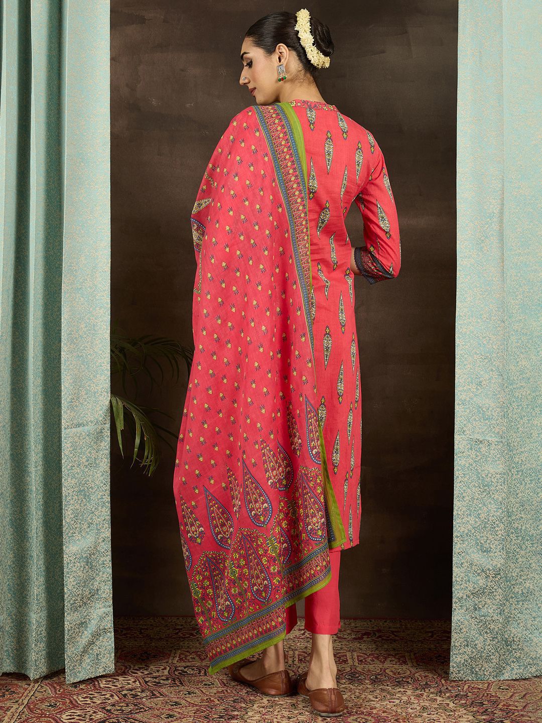 Ethnic Motifs Printed Pure Cotton Straight Kurta With Trousers & Dupatta