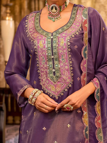 Floral Embroidered Sequinned Straight Kurta With Palazzos & Dupatta