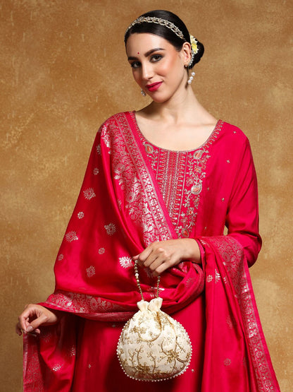 Dhiyona VA Women'sFloral Embroidered Round Neck Straight Kurta With Trousers & Dupatta