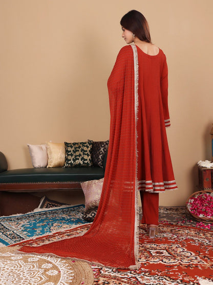 Dhiyona VA Women'sSequinned Silk Crepe Anarkali Kurta with Trousers & With Dupatta