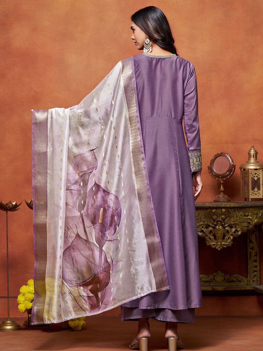 Dhiyona SN Women's Purple Floral Embroidered Cotton Silk Anarkali Kurta With Trousers And Dupatta