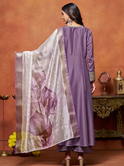 Dhiyona SN Women's Purple Floral Embroidered Cotton Silk Anarkali Kurta With Trousers And Dupatta