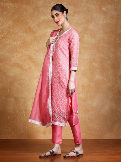 Dhiyona VA Women's Floral Embroidered Regular Thread Work Kurta with Trousers & With Dupatta