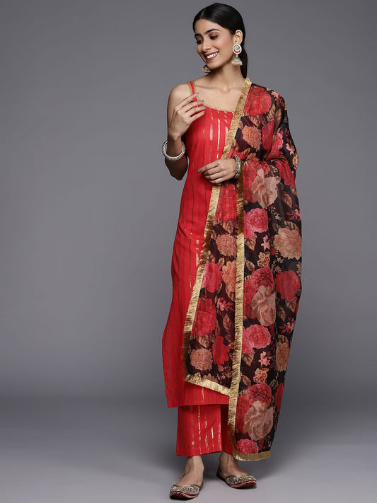 Dhiyona VA Women's Red Gotta Patti Pure Cotton Kurta with Trousers & Dupatta