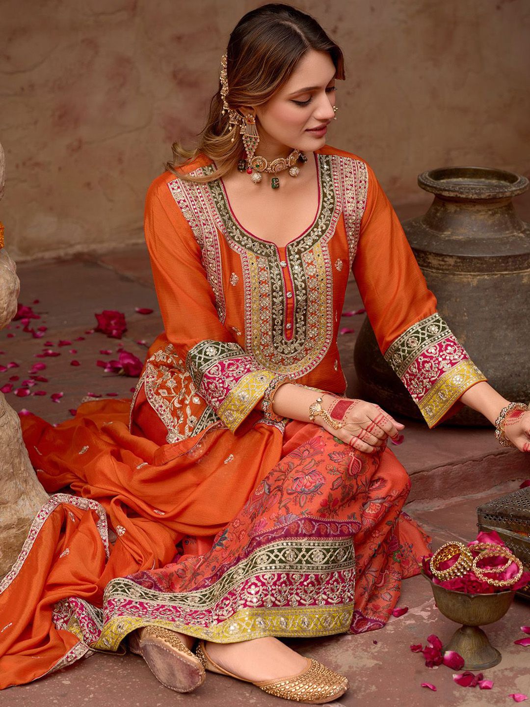 Dhiyona IE Floral Embroidered Sequinned Chinon Straight Kurta With Sharara & Dupatta