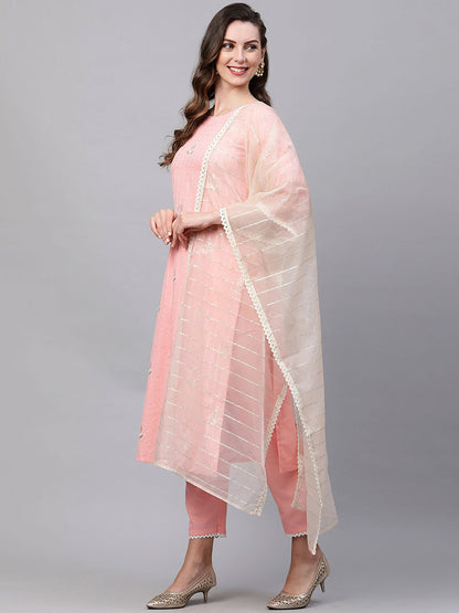 Women Pink & Off White Embroidered Kurta with Trousers & With Dupatta