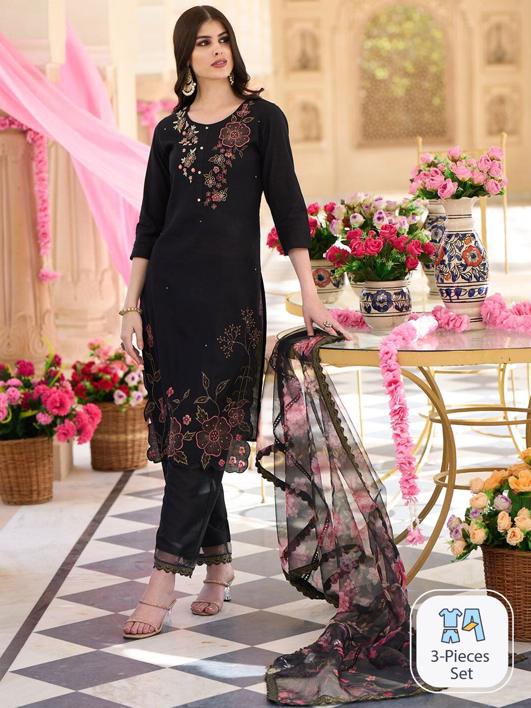 Dhiyona IE Floral Embroidered Regular Thread Work Kurta With Trousers & Dupatta