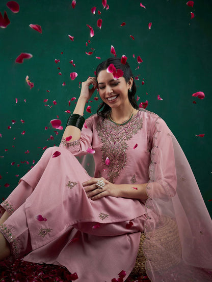 Embroidered Regular Sequinned Straight Kurta With Trousers & Dupatta