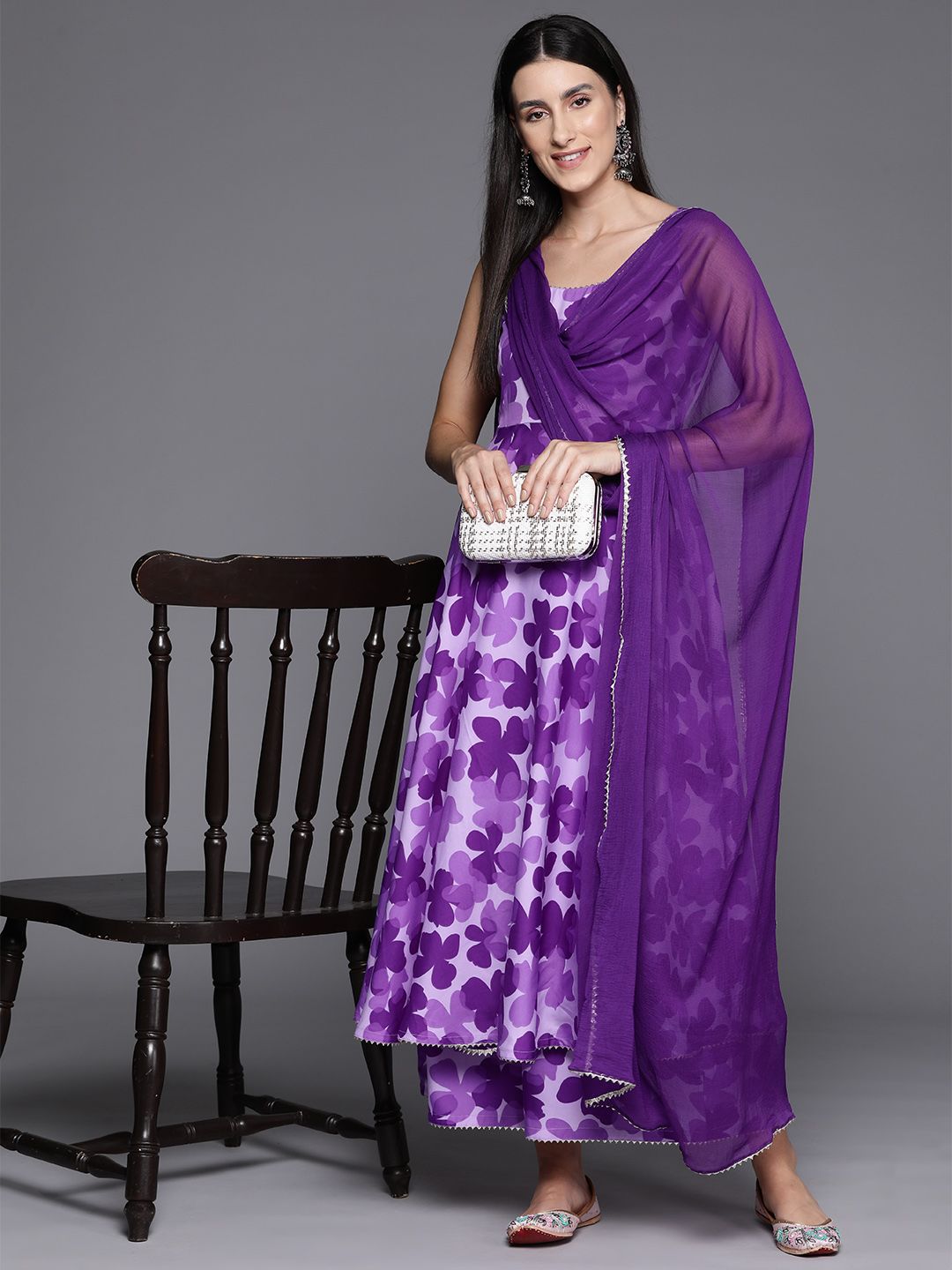 Dhiyona VA Women's Floral Printed Empire Silk Crepe Kurta with Trousers & Dupatta