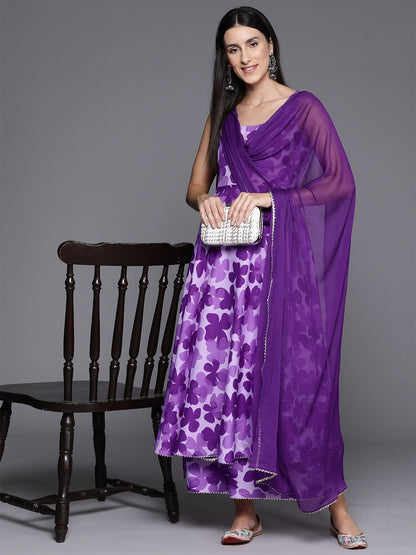 Dhiyona VA Women's Floral Printed Empire Silk Crepe Kurta with Trousers & Dupatta