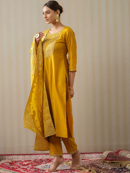 Dhiyona OD  Yellow Ethnic Motifs Straight Kurta & Trousers With Dupatta