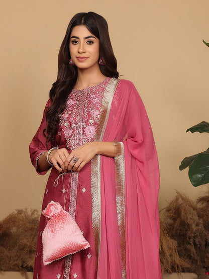 Dhiyona VA Women's Floral Embroidered Regular Pure Silk Kurta with Trousers & Fringed Dupatta