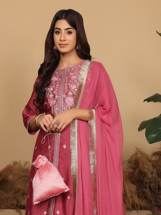 Dhiyona VA Women's Floral Embroidered Regular Pure Silk Kurta with Trousers & Fringed Dupatta