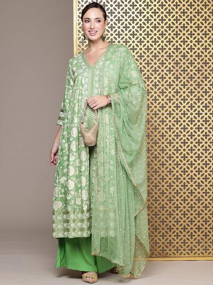 Dhiyona PD Women Jashn Ethnic Floral Foil Printed A-Line Kurta With Palazzos & Dupatta