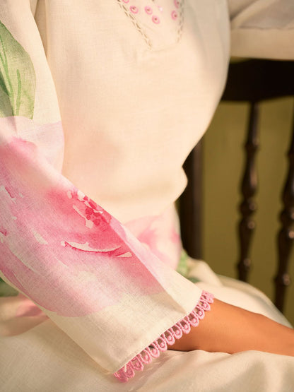 Women Floral Printed Regular Sequinned Linen Kurta with Trousers & With Dupatta