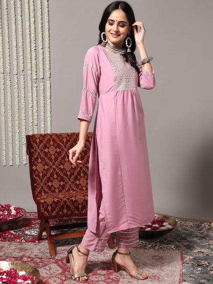 Dhiyona VA Women's Pink & Silver-Toned Yoke Design Kurta with Palazzos & Dupatta