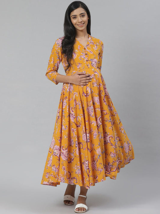 Dhiyona AY Women's Mustard Yellow & Purple Floral Printed Pure Cotton Maternity A-Line Dress