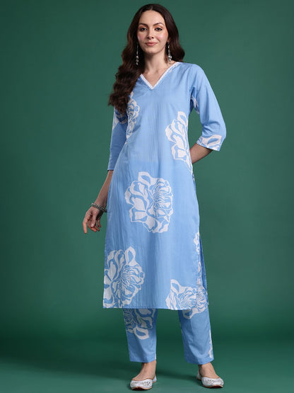Dhiyona IE Floral Printed Regular Pure Cotton Kurta with Trousers