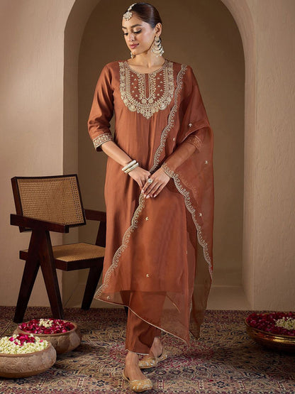 Dhiyona IE Women Ethnic Motifs Embroidered Regular Liva Kurta with Trousers & With Dupatta